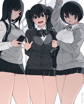 3girls bare_legs black_eyes black_hair black_necktie bow bowtie breasts cardigan cellphone from_below highres hood hoodie kemuri_haku large_breasts long_hair microskirt multiple_girls necktie original phone school_uniform shirt simple_background skirt smartphone smile sweater thick_thighs thighs train twintails waving