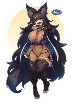 1girl absurdres animal_ear_fluff animal_ear_piercing animal_ears belt black_boots black_gloves black_hair boots breasts brown_bodystocking brown_eyes claw_pose cleavage covered_navel face_piercing fangs gintm gloves gun hand_in_mouth handgun heterochromia highres holstered huge_breasts lip_piercing long_hair looking_at_viewer nose_piercing open_mouth original piercing purple_eyes rapier revolver see-through_bodystocking see-through_clothes sharp_teeth skin_tight solo speech_bubble sword teeth tiptoes very_long_hair weapon wolf_ears wolf_girl