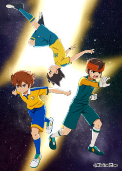 3boys aqua_shorts aqua_socks blue_eyes blue_shorts blue_socks brown_eyes brown_hair endou_mamoru full_body gloves goalkeeper green_footwear headband highres inamori_asuto inazuma_eleven inazuma_eleven_(series) inazuma_eleven_ares_no_tenbin inazuma_eleven_go kirinemoe kneehighs lightning_bolt_symbol male_focus matsukaze_tenma multicolored_footwear multiple_boys open_mouth orange_headband raimon raimon_soccer_uniform shirt shorts soccer_uniform socks space sportswear star_(sky) white_footwear white_socks yellow_shirt