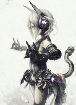 1girl \n/ animal_ears bob_cut bottomless cable cable_tail cat_ears cyborg fake_animal_ears fake_tail faux_traditional_media female_focus fox_shadow_puppet glowing grey_hair headphones highres mechanical_tail mus-tan muted_color original plug science_fiction side_ponytail sketch solo tail yellow_eyes