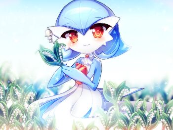 Rule 34 | 1girl, alternate color, alternate hairstyle, ascot, blue background, blue hair, blue skin, blue sky, blurry, blurry background, blush, chisen maimai, closed mouth, colored skin, day, depth of field, earrings, female focus, field, flat chest, flower, flower earrings, flower field, gardevoir, gen 3 pokemon, hair between eyes, hands up, happy, holding, holding flower, jewelry, libra (symbol), lily of the valley, looking at viewer, multicolored skin, nintendo, on ground, orange eyes, outdoors, own hands together, pokemon, pokemon (creature), shiny pokemon, short hair, sitting, sky, smile, solo, sparkle, split mouth, star (symbol), symbol-shaped pupils, two-tone skin, white ascot, white flower, white skin