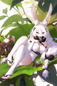 1girl animal_ear_fluff animal_ears bag belt black_belt black_ribbon blue_eyes braid breasts cleavage closed_mouth commentary_request elbow_gloves fur_collar gloves hair_ornament hair_ribbon hand_on_own_chest knife leaf leaf_hair_ornament leaf_in_mouth leotard long_hair mitsu_(mitsu_art) original patreon_username potion rabbit rabbit_ears rabbit_girl ribbon smile solo stirrup_legwear thighhighs toeless_legwear toes white_gloves white_hair white_leotard white_thighhighs
