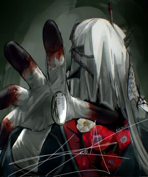 1boy blue_coat charon_(reverse:1999) coat covered_face dated dog_tags flower gloves grey_background highres holding_dog_tags male_focus open_hand outstretched_hand poppy_(flower) portrait red_flower reverse:1999 solo thorns veil white_gloves white_veil yeva_(zubrienka221)