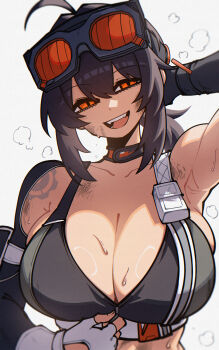 1girl absurdres ahoge arm_up armpits bare_shoulders black_choker black_hair black_sports_bra breasts choker collarbone commentary commission dirty dirty_face dryegen english_commentary goggles goggles_on_head grace_howard hair_between_eyes highres large_breasts looking_at_viewer medium_hair open_mouth orange-tinted_eyewear orange_eyes sidelocks smile solo sports_bra sweat tinted_eyewear upper_body zenless_zone_zero