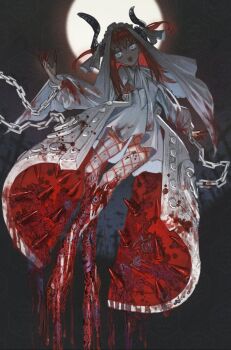 1girl black_horns blood blood_drip blood_on_clothes blood_on_leg blood_splatter blue_eyes blurry blurry_background chain colored_fingertips commentary cuffs dragon_girl dragon_horns dress elizabeth_bathory_(avenger)_(fate) elizabeth_bathory_(fate) fate/grand_order fate_(series) fishnet_pantyhose fishnets full_body full_moon graveyard hand_up highres horns iron_maiden long_hair long_sleeves looking_at_viewer moon neck_ribbon open_mouth ota_(ota-0000) pantyhose red_hair ribbon shackles short_dress solo spikes teeth thighhighs thighhighs_under_pantyhose two_side_up upper_teeth_only veil white_dress white_headdress white_ribbon white_thighhighs white_veil