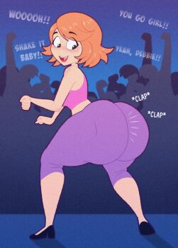 1girl 6+others ass_clapping ass_shake clenched_hands commentary debs_turnbull english_commentary english_text highres kinggargantuas multiple_others panties purple_panties raised_eyebrows robotboy solo twerking underwear