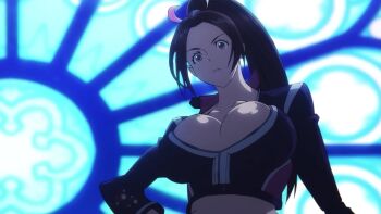 1girl animated black_jacket bouncing_breasts breasts brown_eyes brown_hair cherry_blossom_print cleavage cropped_jacket fatal_fury fatal_fury:_city_of_the_wolves female_focus floral_print folding_fan hand_fan high_ponytail holding holding_fan jacket large_breasts leather leather_jacket long_hair looking_at_viewer matching_hair/eyes midriff motoyui official_art oobari_masami ponytail shiranui_mai snk solo tagme video