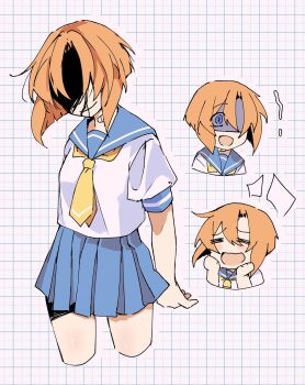 1girl :d =_= blue_eyes blue_sailor_collar blue_skirt clenched_hand commentary cropped_legs grid_background hands_up hashtag-only_commentary highres higurashi_no_naku_koro_ni neckerchief open_mouth orange_hair ryuuguu_rena sailor_collar school_uniform serafuku shaded_face short_sleeves skirt smile solo sweater_701 upper_body white_serafuku yellow_neckerchief