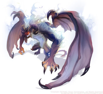 artist_name black_claws caesty claws commentary_request company_name curled_horns dated_commentary dragon full_body glowing glowing_eyes horns korean_commentary legs_apart monster monster_focus nexon official_art open_mouth production_art purple_tail purple_wings red_eyes shadow simple_background smoke standing tales_weaver watermark web_address white_background wings