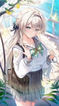 1girl absurdres aqua_bow aqua_bowtie bag black_bag black_bow blush bow bowtie breasts collarbone commentary day firefly_(honkai:_star_rail) firefly_(spring_missive)_(honkai:_star_rail) grey_hair grey_sailor_collar hair_bow hair_intakes hand_up head_tilt headband highres holding holding_umbrella honkai:_star_rail honkai_(series) lacia lens_flare long_hair long_sleeves looking_at_viewer medium_breasts multicolored_eyes official_alternate_costume outdoors parted_lips plaid_bow plaid_bowtie plaid_clothes plaid_skirt pleated_skirt purple_eyes sailor_collar school_uniform shirt shirt_tucked_in shoulder_bag sidelocks skirt smile solo standing thighs two-tone_eyes umbrella very_long_hair