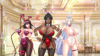 3d 3girls action_taimanin alternate_costume breasts highleg highleg_leotard huge_breasts inage_natsu leotard long_hair mature_female mirabell_bell mizuki_shiranui multiple_girls nail_polish playboy_bunny taimanin_(series) taimanin_asagi_kessen_arena taimanin_yukikaze