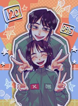 2girls black_hair blue_background cho_hyun-ju circle commentary double_v green_jacket highres jacket kim_young-mi long_sleeves m_sharkisland6 multiple_girls open_mouth orange_background patch short_hair smile square squid_game star_(symbol) triangle v