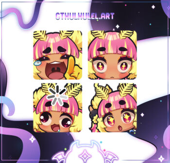 +_+ 1girl :3 antennae arthropod_girl black_gloves blonde_hair blunt_bangs blush buffering closed_eyes closed_mouth commentary cross-eyed cthulhulel dark-skinned_female dark_skin drooling english_commentary eyelashes eyeshadow fingerless_gloves gloves gyaru ichigo_lemonade indie_virtual_youtuber insect_girl laughing laughing_cat_pointing_at_you_(meme) makeup meme mismatched_eyebrows moth_girl multicolored_hair multiple_expressions multiple_views open_mouth pink_eyes pink_hair pointing pointing_at_viewer saliva smile tan tearing_up teeth thick_eyebrows tongue two-tone_hair upper_teeth_only uvula virtual_youtuber