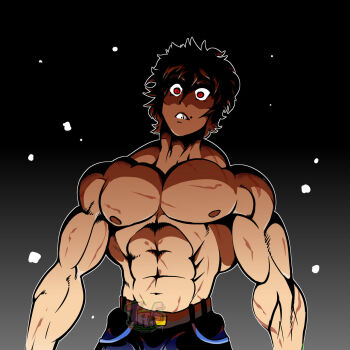 Rule 34 | 1boy, abs, brown hair, denim, grappler baki, hanma baki, highres, jeans, looking at viewer, male focus, muscular, muscular arms, muscular legs, muscular male, pants, pectorals, red eyes, scar, solo