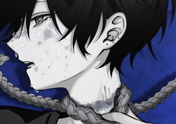 1boy bishounen black_shirt blue_background bruise bruise_on_face bruise_on_neck close-up crying crying_with_eyes_open greyscale hair_between_eyes holding holding_rope injury lying male_focus monochrome on_back open_mouth original pain piercing_hole portrait profile reverse_ryona rope rope_around_neck shadow shirt short_hair sidelocks solo spot_color sweat tears teeth turning_head upper_teeth_only yyy9675