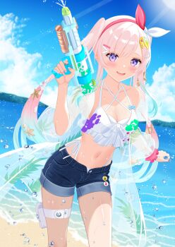 Rule 34 | 1girl, absurdres, airani iofifteen, airani iofifteen (holonatsu paradise), beach, bikini, breasts, commentary request, denim, denim shorts, hairband, highres, hololive, hololive indonesia, long hair, medium breasts, navel, ocean, pink hair, pouch, purple eyes, scrunchie, shorts, surgate matias, swimsuit, thigh pouch, twintails, virtual youtuber, water gun, white bikini, wrist scrunchie