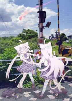 2girls ^_^ ahoge animal_ears ashi_izumo bag bandaged_arm bandages bandaid bandaid_on_cheek bandaid_on_face book cat_ears cat_girl closed_eyes commentary_request crazy dancing day full_body gauze gauze_on_arm gauze_on_cheek gauze_on_leg highres holding_hands long_hair meteor miniskirt multiple_girls open_mouth original outdoors paper photo_background plaid_clothes plaid_skirt railroad_crossing school_bag school_uniform short_sleeves single_leg_warmer single_thighhigh skirt smile thighhighs twintails very_long_hair white_hair yuri