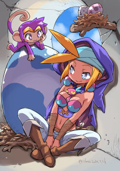1girl absurdres alternate_form artist_request bird bird_nest blonde_hair blue_eyes boots breasts cleavage earrings egg giant_egg highres hood isknu jewelry monkey purple_eyes shantae shantae_(series) sky_(shantae) turban
