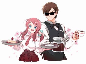 1boy 1girl alternate_hairstyle black_neckwear black_vest blue_eyes bow bowtie brown_hair cake cherry_blossoms coffee_pot cup food fruit low_twintails minamoto_sakura necktie open_mouth petals pink_hair plaid_clothes plaid_neckwear plate polka_dot polka_dot_bow rhubarb ribbon round_teeth simple_background smile strawberry strawberry_shortcake sunglasses tatsumi_koutarou teacup teeth traditional_bowtie twintails upper_body upper_teeth_only vest waiter waitress white_background zombie_land_saga