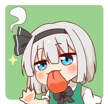 Rule 34 | 1girl, black bow, blue eyes, blush, bow, chibi, chibi only, commentary request, green background, green shirt, grey hair, hairband, konpaku youmu, shirt, short hair, solo, tongue, tongue out, touhou, yige lurenjia