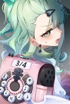 Rule 34 | 1girl, absurdres, backpack, bag, blush, chinese commentary, commentary request, earrings, fang, from behind, green eyes, green hair, hair ornament, hairclip, highres, jewelry, jingxinzhiyun, long hair, looking at viewer, looking back, one side up, open mouth, shirt, skin fang, solo, sunna (zenless zone zero), sweatdrop, upper body, virtual youtuber, wavy hair, white shirt, zenless zone zero