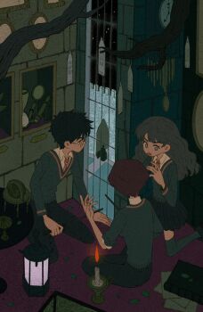 1girl 2boys black_hair black_pants black_shirt brown_hair candle collared_shirt glasses harry_potter harry_potter_(series) helen_jee hermione_granger highres holding holding_wand kneeling long_hair multiple_boys necktie open_mouth pants ron_weasley school_uniform shirt short_hair sitting striped_necktie sweater_vest talking wand wavy_hair white_shirt wizarding_world