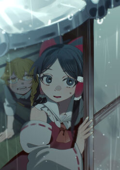 2girls absurdres ascot bare_shoulders black_eyes black_hair black_vest blonde_hair bow braid commentary_request detached_sleeves frilled_hair_tubes frills hair_between_eyes hair_bow hair_tubes hakurei_reimu highres kirisame_marisa long_hair looking_at_viewer multiple_girls neckerchief open_mouth rain red_bow red_neckerchief red_shirt red_skirt ribbon-trimmed_sleeves ribbon_trim shi_chimi shirt short_sleeves skirt skirt_set sweatdrop touhou vest water_drop white_shirt yellow_eyes