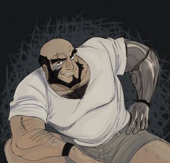 1boy arm_hair bald bara beard black_hair commentary cowboy_bebop english_commentary facial_hair glint highres jet_black looking_at_viewer male_focus muscular muscular_male newtmoss prosthesis prosthetic_arm scar scar_across_eye scar_on_face shirt solo thick_chest_hair white_shirt