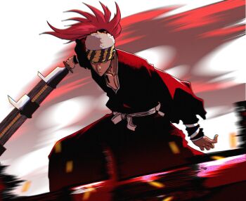 Rule 34 | 1boy, abarai renji, belt, black kimono, bleach, chest tattoo, commentary, cowboy shot, fighting stance, frown, headband, highres, holding, holding sword, holding weapon, japanese clothes, kimono, kurovibes, long hair, male focus, pectorals, ponytail, red hair, shihakusho, shikai, solo, striped headband, sword, tattoo, weapon, white background, white belt, zabimaru (shikai)