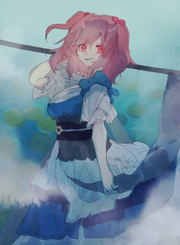 1girl black_sash blue_dress coin coin_on_string cowboy_shot dress hair_bobbles hair_ornament hashtag-only_commentary highres lily_pad looking_at_viewer medium_hair obi obijime one-hour_drawing_challenge onozuka_komachi open_mouth pink_eyes pink_hair sash shinjitsu_no_kuchi short_sleeves smile solo touhou two_side_up water