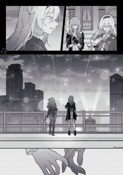 2girls :d absurdres building city cloud firefly_(honkai:_star_rail) flashback gloves greyscale hair_between_eyes hair_intakes hairband highres hive328 honkai:_star_rail honkai_(series) jacket long_hair monochrome multiple_girls multiple_views neckerchief off-shoulder_jacket off_shoulder one_eye_closed open_clothes open_jacket open_mouth outdoors pinky_swear profile railing side-by-side sidelocks smile spotlight stelle_(honkai:_star_rail) thighhighs trailblazer_(honkai:_star_rail) yuri