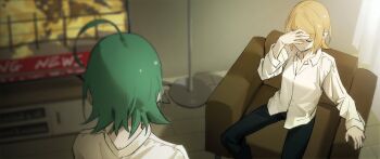 2girls ahoge black_pants blonde_hair closed_eyes collared_shirt couch green_hair gumi hair_between_eyes hand_on_own_face highres indoors kagamine_rin lamp long_sleeves multiple_girls on_couch pants shirt short_hair sitting television vocaloid white_shirt wooden_floor wounds404