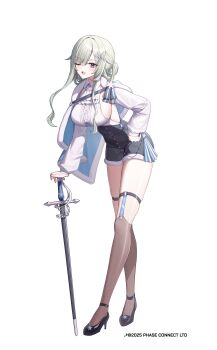 1girl absurdres ascot black_shoes black_shorts blue_cape blue_eyes breasts butterfly_hair_ornament cape capelet center_frills copyright_notice frills full_body fur-trimmed_capelet fur-trimmed_shorts fur_trim grey_hair hair_ornament high-waist_shorts high_heels highres holding holding_sword holding_weapon kneehighs one_eye_closed open_mouth phase_connect shoes shorts smile socks solo sword taiyaki12 virtual_youtuber weapon white_ascot white_background wilhelmina_frost