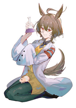 1girl agnes_tachyon_(tach-nology)_(umamusume) agnes_tachyon_(umamusume) ahoge animal animal_ears animal_on_lap arm_up black_pantyhose black_shirt brown_hair collared_shirt commentary_request erlenmeyer_flask flask full_body guinea_pig hair_between_eyes highres holding horse_ears horse_girl horse_tail lab_coat long_sleeves looking_at_viewer naoel_(naoel_art) no_shoes on_lap open_clothes pantyhose red_eyes seiza shirt simple_background sitting sleeves_past_fingers sleeves_past_wrists smile solo sweater tail umamusume white_background yellow_sweater