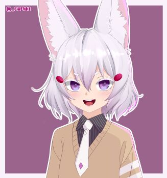 1girl :d absurdres animal_ears black_shirt brown_sweater chenki_(chenki) fox_ears fox_girl highres looking_at_viewer necktie open_mouth outline phase_connect purple_background purple_eyes shirt short_eyebrows short_hair simple_background smile solo striped_clothes striped_shirt sweater teeth tenma_maemi thick_eyebrows upper_body upper_teeth_only vertical-striped_clothes vertical-striped_shirt virtual_youtuber white_hair white_necktie white_outline