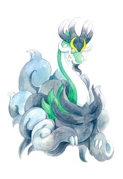 aqua_skin black_fur claws colored_skin dragon drampa facial_hair full_body gen_7_pokemon goatee highres horns long_neck mega_drampa mega_pokemon mint_nappa mustache nintendo no_humans pink_eyes pokemon pokemon_(creature) pokemon_focus simple_background solo white_background