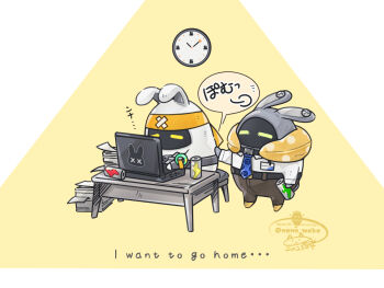 1boy 1other artist_name asaba_harumasa asaboo_(zenless_zone_zero) black_pants blue_necktie can clock closed_eyes commentary computer drink_can english_text headband laptop mixed-language_text neck_pillow necktie no_humans overtimeboo_(zenless_zone_zero) pants qoo1234 soda_can speech_bubble table translation_request twitter_username white_hair x_x yellow_headband zenless_zone_zero