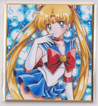 1girl bishoujo_senshi_sailor_moon blonde_hair blue_eyes blue_sailor_collar chikoto_(kztc4472) choker circlet collarbone crescent crescent_earrings double_bun earrings elbow_gloves flower_earrings gloves hair_bun hair_ornament highres jewelry long_hair looking_at_viewer magical_girl photo_(medium) red_choker sailor_collar sailor_moon sailor_senshi_uniform skirt smile solo traditional_media tsukino_usagi twintails white_gloves