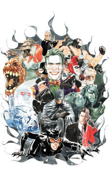 bandages bane batman_(series) bodysuit bow bowler_hat bowtie cane cape catwoman clayface colored_skin dc_comics dustin_nguyen formal_clothes gloves goggles green_hair green_skin gun harley_quinn harvey_dent hat highres hush_(dc) killer_croc mad_hatter_(dc) mask mr._freeze necktie poison_ivy ra&#039;s_al_ghul red_hair scar scarecrow_(dc) selina_kyle smile smoking suit tea the_joker the_penguin the_riddler top_hat two-face weapon