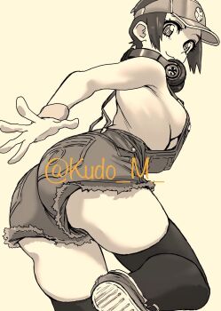 1girl :3 breasts commentary_request from_behind greyscale headphones headphones_around_neck highres kudou_masashi looking_back medium_breasts monochrome naked_overalls overalls ponytail sepia shoes snk_heroines:_tag_team_frenzy solo the_king_of_fighters thighhighs twitter_username underboob visor_cap watermark wristband yuri_sakazaki