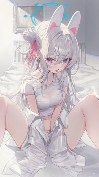 1girl absurdres animal_ears blue_archive blue_halo bra_visible_through_clothes collared_shirt fake_animal_ears halo highres kerno long_hair looking_at_viewer m_legs miyako_(blue_archive) navel on_bed one_side_up open_clothes open_shirt panties purple_eyes shirt sitting solo spread_legs underwear white_hair white_panties white_shirt