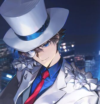 1boy blue_eyes blue_shirt blurry blurry_background brown_hair close-up commentary_request eggpongg hat jacket kaitou_kid magic_kaito male_focus monocle necktie night red_necktie shirt short_hair solo top_hat white_hat white_jacket