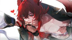 Rule 34 | 1boy, absurdres, ahoge, animal ears, bandaged chest, bare pectorals, black coat, black pants, blood, blood on face, bruise, coat, coat on shoulders, coattails, collared coat, diluc (genshin impact), dog ears, dog tail, eyelashes, genshin impact, gold trim, hair between eyes, half-closed eyes, heart, highres, holding another&#039;s wrist, injury, kemonomimi mode, licking, licking hand, long sleeves, lower teeth only, male focus, palms, pants, pectorals, red eyes, red hair, scar, scar on chest, scar on shoulder, short hair with long locks, simple background, solo focus, ste7619, sweat, tail, teeth, thick eyebrows, tongue, white background, white sleeves