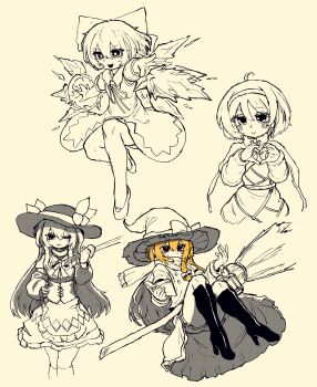 Rule 34 | 4girls, :p, absurdres, ahoge, apron, blonde hair, bloomers, blush, book, boots, bow, braid, breasts, broom, broom riding, cape, cirno, closed mouth, commentary request, cryokinesis, detached wings, dress, frilled skirt, frills, hair bow, hairband, hat, hat bow, hat ornament, heart, heart hands, high heel boots, high heels, highres, hinanawi tenshi, holding, holding book, holding lantern, holding sword, holding weapon, ice, ice wings, katana, kirisame marisa, knee boots, korean commentary, lantern, leaf hat ornament, long hair, long sleeves, looking at viewer, medium breasts, monochrome, multiple girls, neck ribbon, open mouth, patchwork clothes, peach hat ornament, pinafore dress, puffy short sleeves, puffy sleeves, rampa93, red eyes, ribbon, shoes, short sleeves, side braid, single braid, skirt, sleeveless, sleeveless dress, smile, spot color, sword, tenkyuu chimata, tongue, tongue out, touhou, underwear, very long hair, vest, waist apron, weapon, wings, witch hat, yellow theme