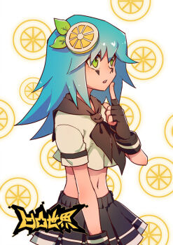Rule 34 | 1girl, aotu world, aqua hair, black gloves, black neckerchief, black skirt, blue hair, copyright name, cowboy shot, crop top, facial mark, fingerless gloves, food, food-themed hair ornament, fruit, fruit background, gloves, green eyes, hair ornament, index finger raised, lemon, lemon (aotu world), lemon hair ornament, lemon slice, long hair, looking up, midriff, navel, neckerchief, official art, parted lips, pleated skirt, qi chuang she, school uniform, serafuku, shirt, short sleeves, skirt, solo, third-party source, white background, white shirt