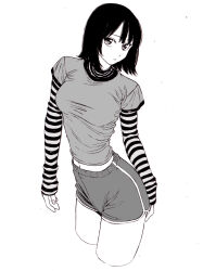 Rule 34 | 1girl, bad id, bad pixiv id, black hair, breasts, closed mouth, dende (dndn222), greyscale, highres, large breasts, long sleeves, looking at viewer, midriff, monochrome, navel, original, scan, scan artifacts, shirt, short hair, shorts, sleeves past wrists, solo, standing, striped sleeves, thighs, traditional media
