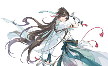 Rule 34 | 1boy, aqua ribbon, aqua sash, arm at side, arm tattoo, asymmetrical gloves, asymmetrical sleeves, blue eyes, brown hair, chakram, chinese clothes, chinese commentary, commentary request, cowboy shot, dual persona, feather hair ornament, feathers, fighting stance, fingerless gloves, gloves, green gloves, green headband, grin, hair ornament, hair ribbon, hand up, hanfu, headband, high ponytail, highres, hua yi shanxin zhiyue, kusariling, long hair, looking to the side, lu shu, mismatched gloves, mouth hold, official art, plume, ponytail, ribbon, robe, rope belt, sash, scroll, sideways glance, simple background, smile, solo, stalk in mouth, swept bangs, tassel, tattoo, uneven sleeves, very long hair, waist sash, weapon, white background, white gloves, white hanfu, white robe, wide sleeves