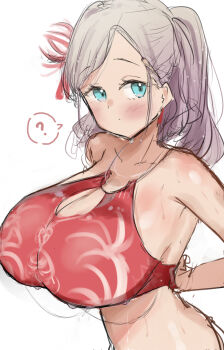 1girl ? alternate_breast_size_(larger) bare_shoulders bikini blue_eyes blush breasts ceras_yanagida_lilienfeld cleavage closed_mouth commentary_request fusion_crust_(love_live!) grey_hair highres huge_breasts large_breasts link!_like!_love_live! looking_at_viewer love_live! official_alternate_costume parted_bangs ponytail red_bikini simple_background sketch solo spoken_question_mark swimsuit syoma_(1026syoma) tying_bikini upper_body virtual_youtuber white_background