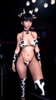 1girl 3d absurdres animal_ears animal_print bell bikini black_hair breasts collar cow_ears cow_horns cow_print cow_print_bikini cowbell crotch eve_(stellar_blade) fake_animal_ears fake_animal_horns fake_horns female_focus game_cg highleg highleg_bikini highres horns kissy_face large_breasts long_hair looking_at_viewer navel neck_bell one_eye_closed print_bikini print_thighhighs side-tie_bikini_bottom standing stellar_blade stomach swimsuit thighhighs thighs underboob wink