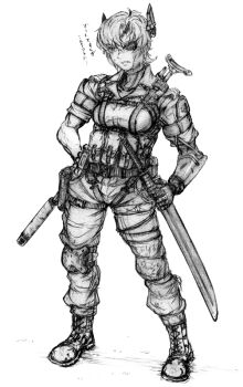Rule 34 | 1girl, boots, breasts, cosplay, eyepatch, female focus, gloves, graphite (medium), greyscale, headgear, horns, imizu (nitro unknown), kantai collection, knee pads, mechanical arms, medium breasts, metal gear (series), metal gear solid v: the phantom pain, monochrome, scar, scar across eye, scar on face, scarf, scarf over mouth, scowl, short hair, single horn, single mechanical arm, solo, suppressor, sword, tenryuu (kancolle), traditional media, translation request, venom snake, venom snake (cosplay), weapon